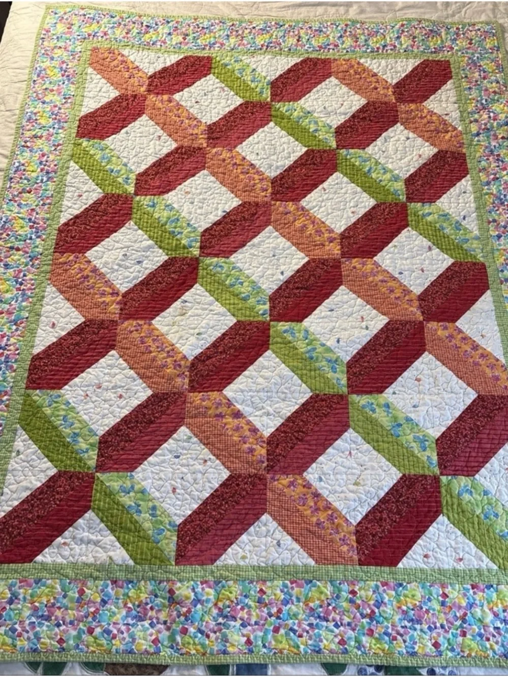 Vintage 1960’s  Handmade Quilt Triangle Diamond Quilt  55” X 44”